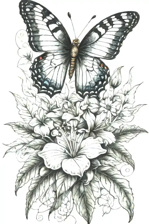 butterfly fly around Maurijuanna plant with a female lips next to it tattoo design idea