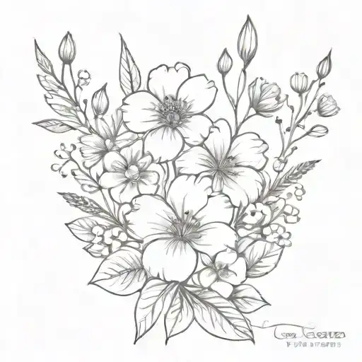 August, May, July birth flower bouquet tattoo design idea