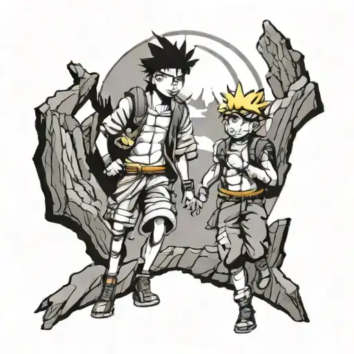 A tattoo design of Naruto and Luffy from One Piece hiking together in the mountains of Spain tattoo design idea