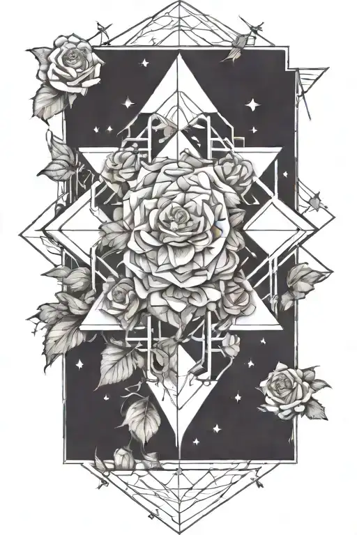 tesseract with roses and stars around it tattoo design idea