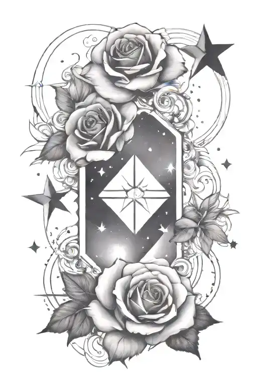 tesseract with roses and stars around it tattoo design idea