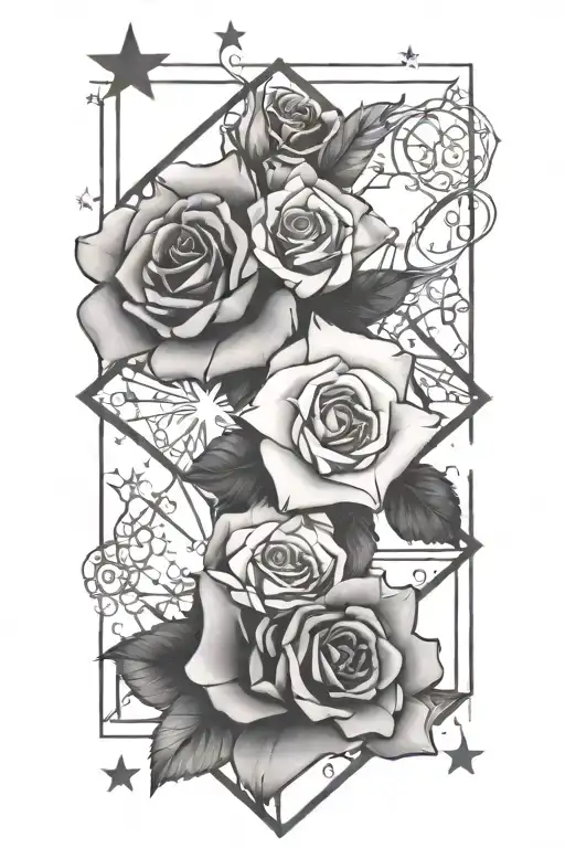 tesseract with roses and stars around it tattoo design idea