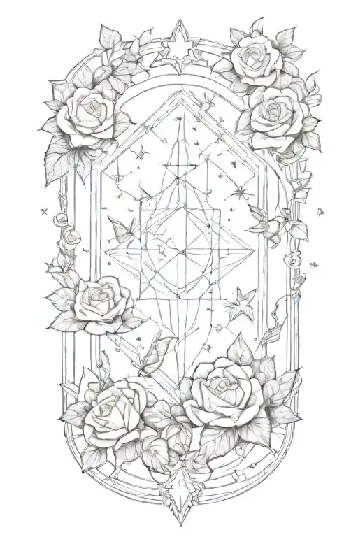 tesseract surrounded by roses and stars tattoo design idea