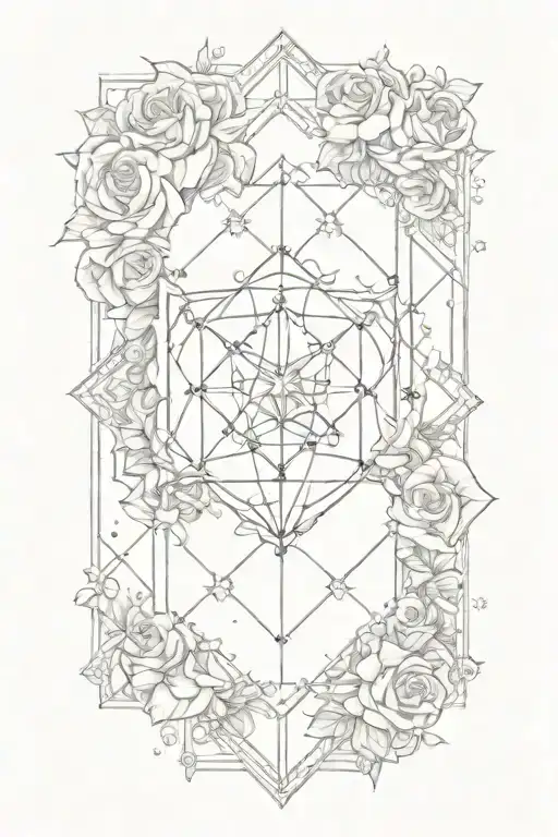 tesseract surrounded by roses and stars tattoo design idea