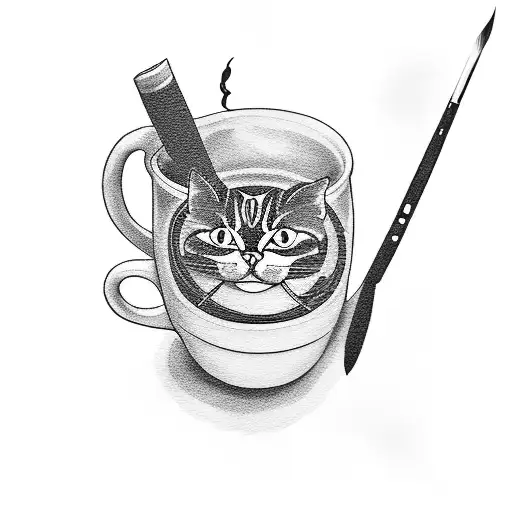 A blackwork tattoo of a cat holding a paintbrush and palette, with coffee cups and cigarette smoke swirling around it tattoo design idea