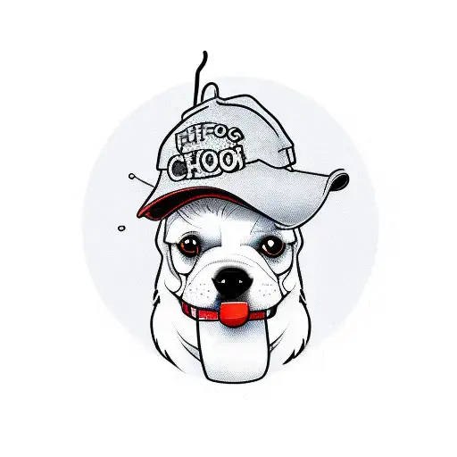 A new-school tattoo of a dog wearing a fishing hat and holding a coffee cup in its mouth tattoo design idea