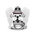 A new-school tattoo of a dog wearing a fishing hat and holding a coffee cup in its mouth tattoo design idea