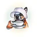 A new-school tattoo of a dog wearing a fishing hat and holding a coffee cup in its mouth tattoo design idea