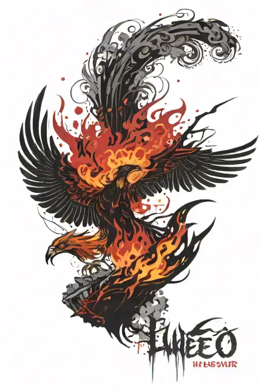 phoenix rising above three mountains all engulfed in flames, below which an ancient looking scroll reads "Luceo Non Uro" tattoo design idea