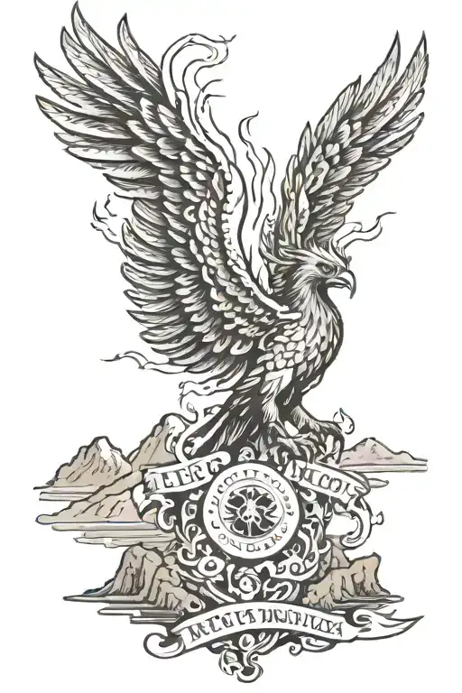 phoenix rising above three mountains all engulfed in flames, below which an ancient looking scroll reads "Luceo Non Uro" tattoo design idea