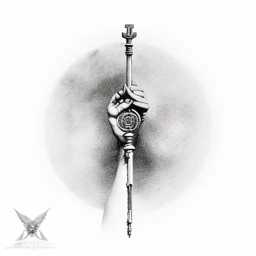 the God Janus holding a staff in his right hand and the key of new beginnings in his left hand. tattoo design idea