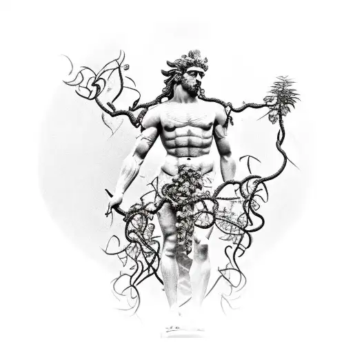 statue of the god Janus with vines growing onto it tattoo design idea
