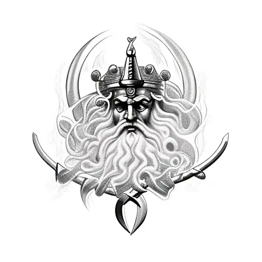 Zeus Lightning bold, crossed over Poesidons Trident, with Hades's helm on top tattoo design idea