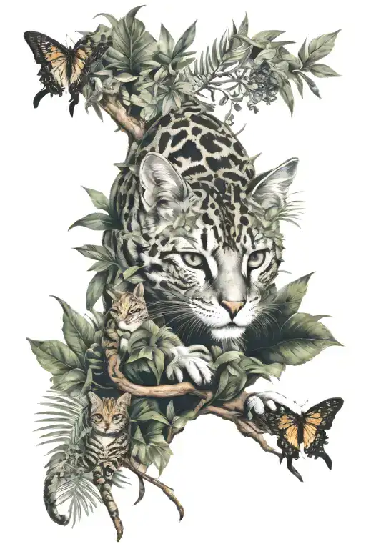 cat surrounded by jungle with small animals that live in the jungle tattoo design idea