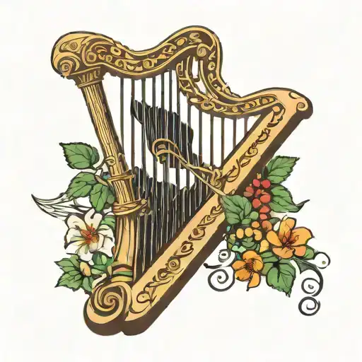 A traditional Irish harp intertwined with pest control tools like a sprayer and bug traps tattoo design idea