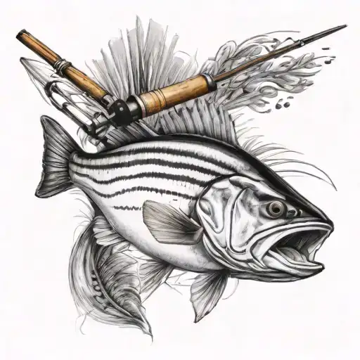 fly fishing rod with a striped bass  tattoo design idea