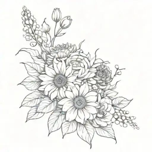 Lily, dahlia, carnation, peony, sunflower bouquet with stem no leaves tattoo design idea