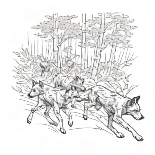 A pack of wild dogs running through a forest with metal core lyrics subtly incorporated into the design tattoo design idea