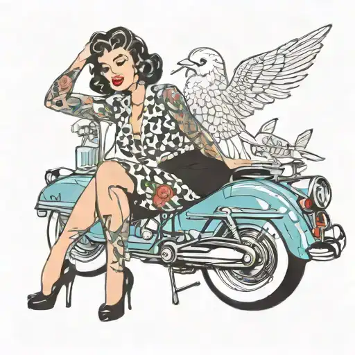 Pin-up: • Vintage style, inspired by the 1950s. • Seductive and confident pose. 	• Outfit: retro dress or swimsuit tattoo design idea
