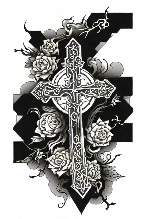 Blackwork "Shin And Calf Sleve Religious Cross And..." Tattoo Idea