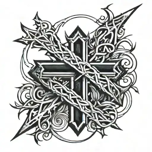 Cross with crown of thorns and a bivble quote written tattoo design idea