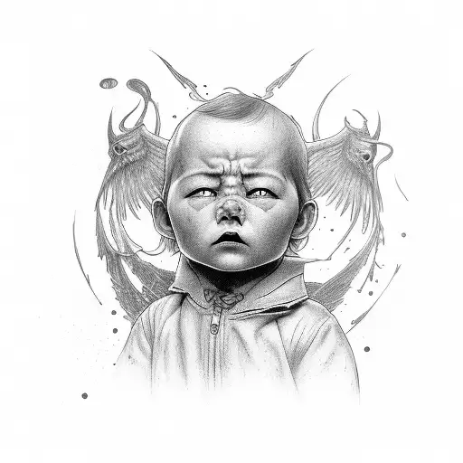 crying child protected by a demon tattoo design idea