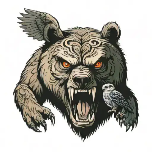ultra realistic growling bear and owl tattoo design idea