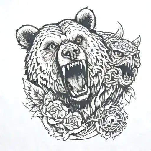 ultra realistic growling bear and owl in the background tattoo design idea