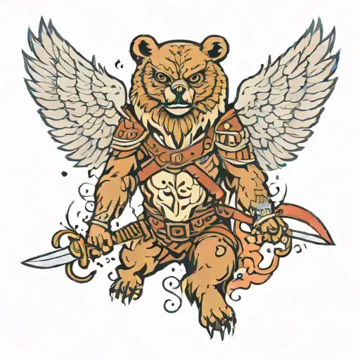 a growling bear in rage in the forest and a flying owl and a sword tattoo design idea