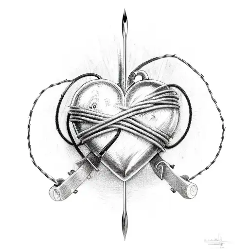 Realistic heart with barbed wire tattoo design idea
