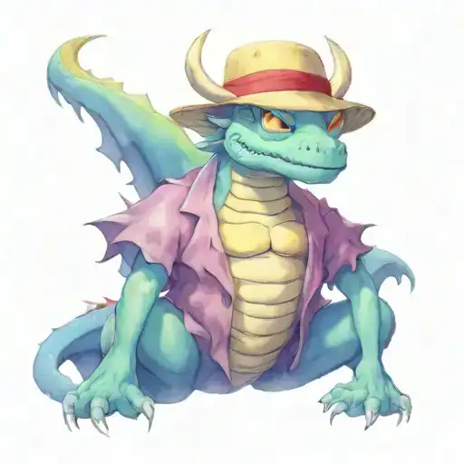 dragon from the one piece series, full body, with luffy's straw hat on his head tattoo design idea