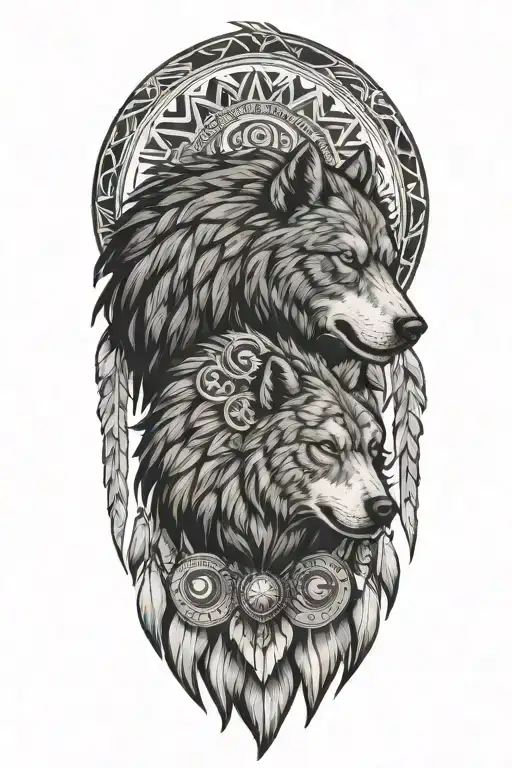 Incorporate elements of a crow tribe warrior, a grizzly wolf, and a crow into a tattoo design that represents the client's favorite things tattoo design idea
