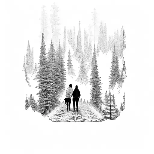 a couple with a dog walking through a forest of giant sequoias tattoo design idea