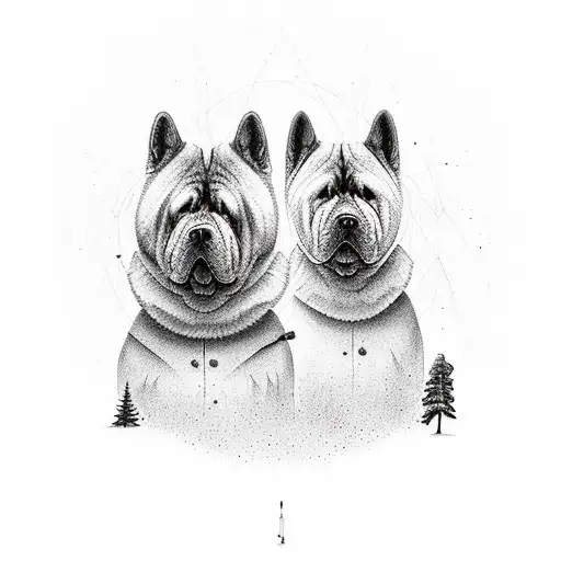 the silhouette of a couple with a chow chow walking through a giant sequoia forest tattoo design idea