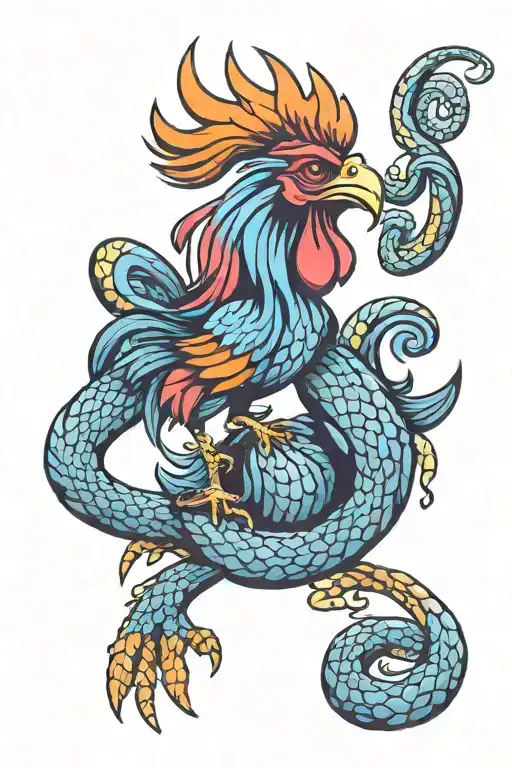 colorful rooster fighting blue snake tattoo design idea