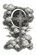 A celestial scene with a cross as the focal point, surrounded by fluffy clouds tattoo design idea
