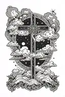 A celestial scene with a cross as the focal point, surrounded by fluffy clouds tattoo design idea