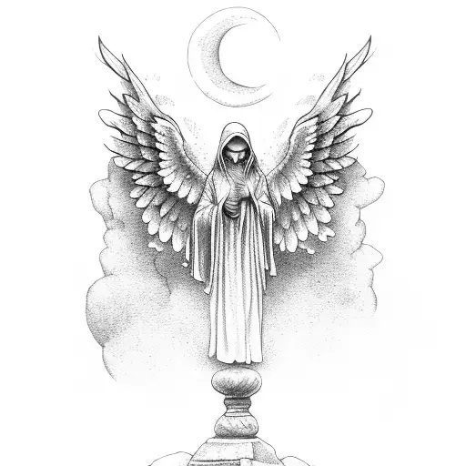 winged angel crying over gravestones with praying hands tattoo design idea