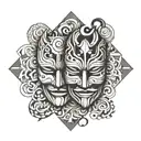 comedy and tragedy mask surrounded by swirling tattoo design idea