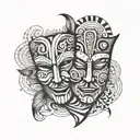 comedy and tragedy mask surrounded by swirling tattoo design idea