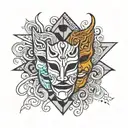 comedy and tragedy mask surrounded by swirling tattoo design idea