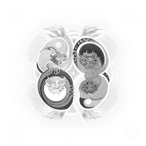 Yin yang symbol with a dragon and tiger intertwined in a fierce battle, the background is a vivid energy halo tattoo design idea
