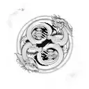 Yin yang symbol with a dragon and tiger intertwined in a fierce battle, the background is a vivid energy halo tattoo design idea