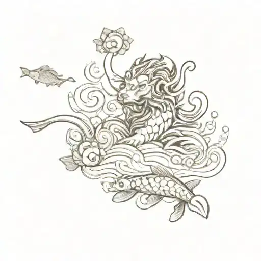 lion dragon pheonex and koi fish swimming upstream tattoo design idea