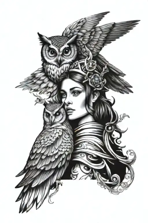 Athena with an owl on her shoulder tattoo design idea
