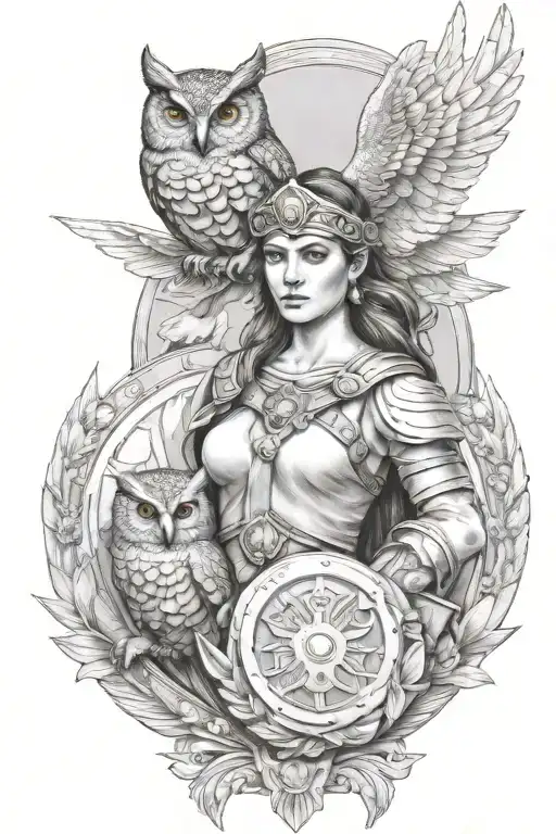 Athena in war clothes and her shield with AN owl on her shoulder tattoo design idea