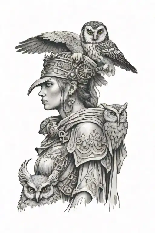 Athena in war clothes with an owl on her shoulder tattoo design idea