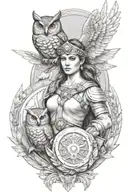 Athena in war clothes and her shield with AN owl on her shoulder tattoo design idea