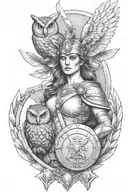 Athena in war clothes and her shield with AN owl on her shoulder tattoo design idea