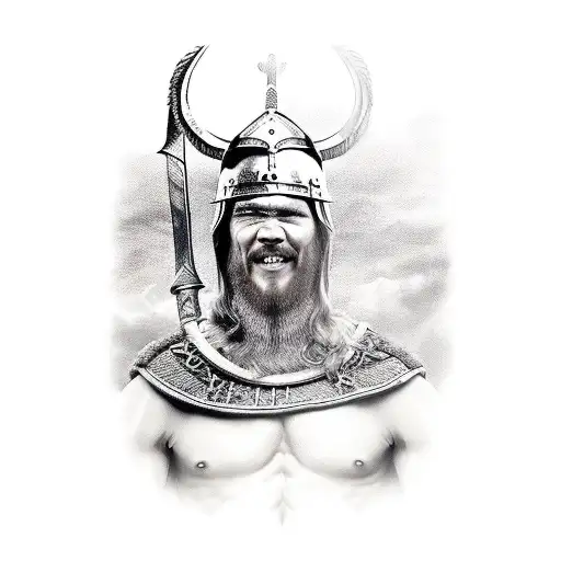A valiant viking warrior standing in the gates of Valhalla tattoo design idea